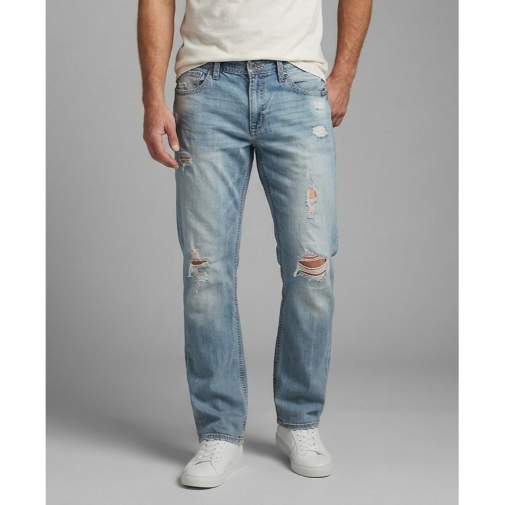 BKE Derek Jeans Mens 36 Blue Distressed Denim Relaxed Fit Mid Rise Straight